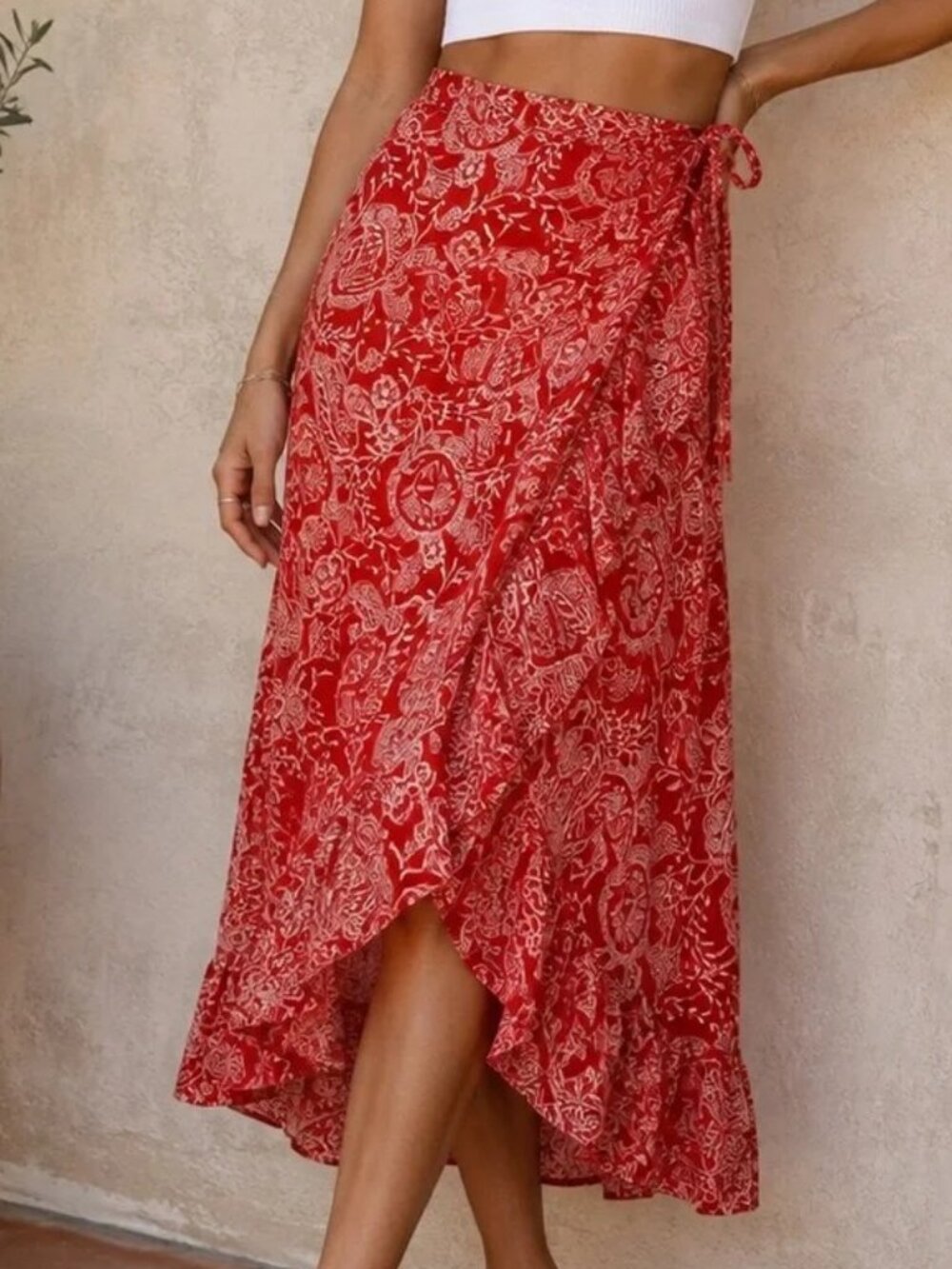 A New Day Red Floral Ruffle Maxi Wrap Skirt ** Size Medium
